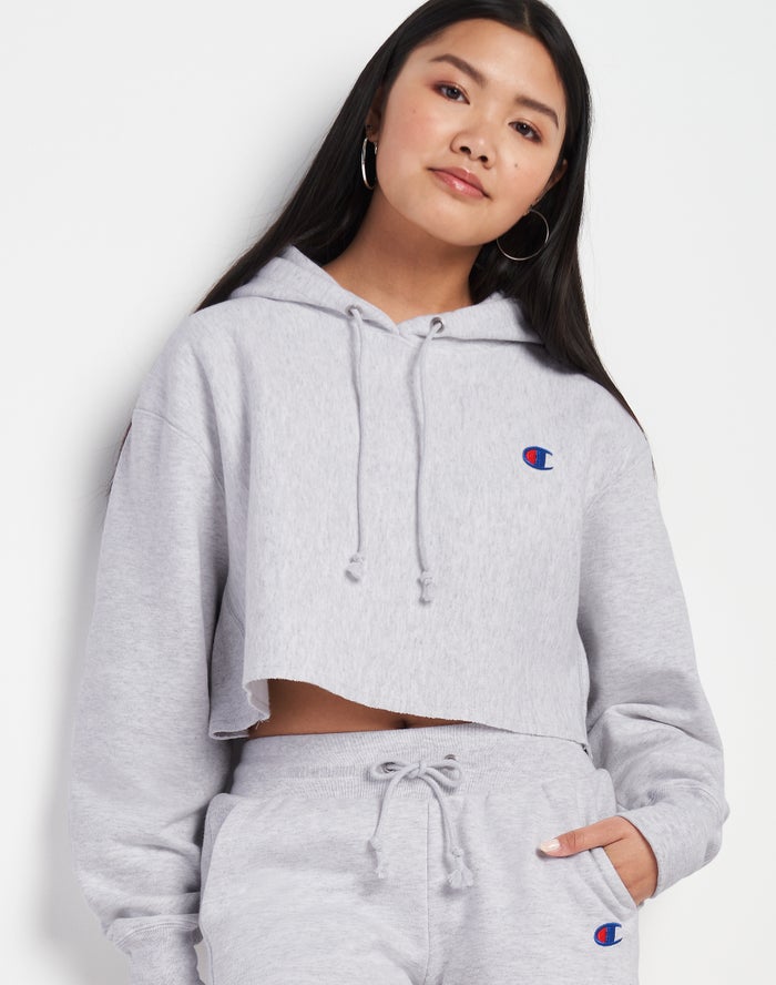 Champion Reverse Weave Cropped Cut-Off C Logo Kadın Kapşonlu Sweatshirt Gri ( YGLTPF179 )